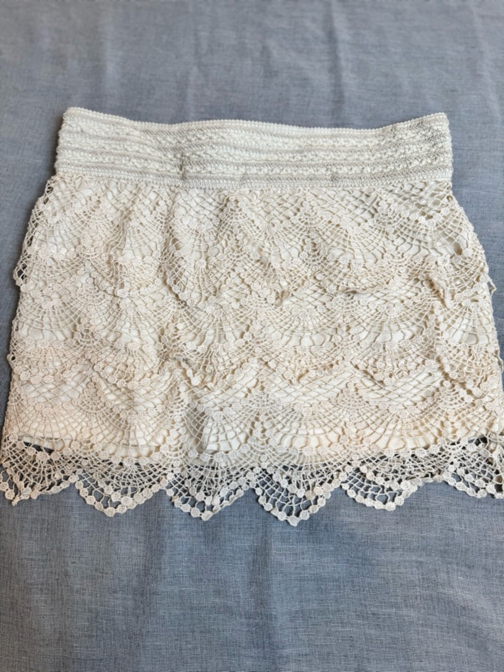 Lace & Crochet Cream Lined Mini Skirt 100% Cotton Size M Boho Festival Beach